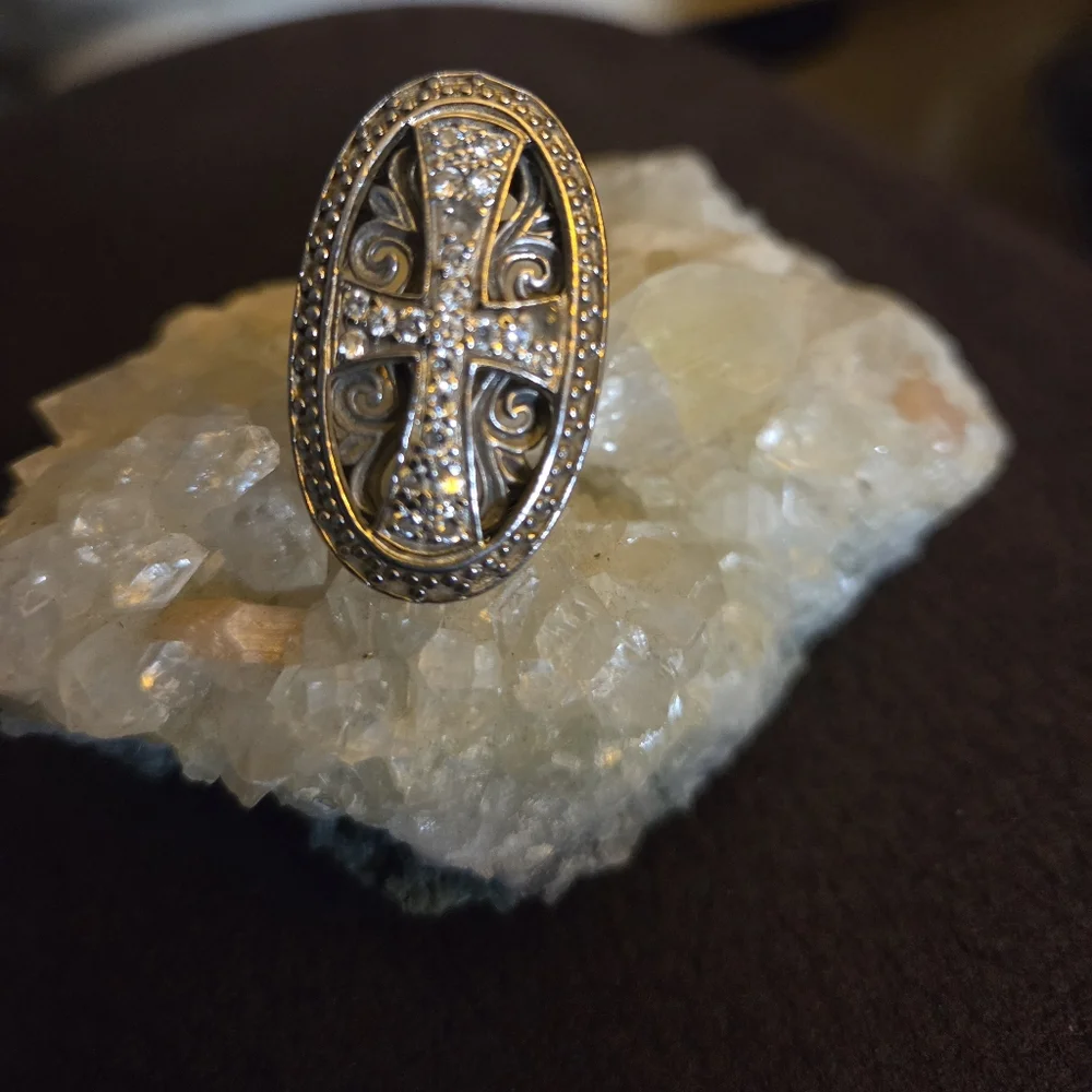 Sterling Silver Cross Ring with Crystals - Picture 2 of 6